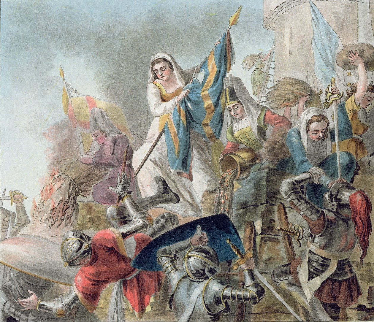 Jeanne Laisne zvyšuje standard proti mužům z Bourgogne, vyryl Morret (fl. 1790-1820) 1787 od Antoine Louis Francois Sergent Marceau