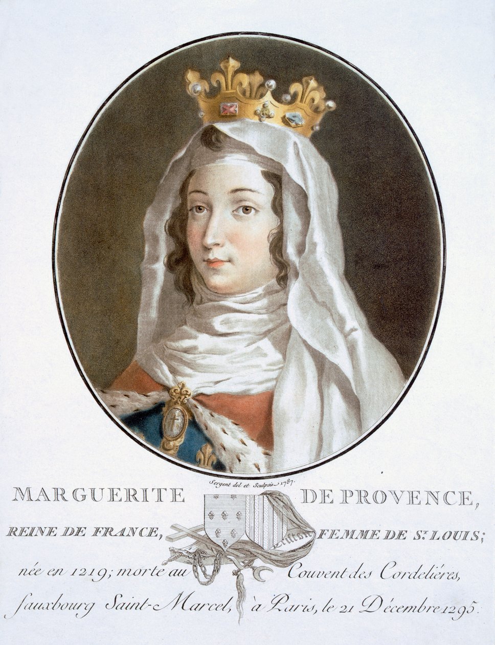 Marguerite de Provence, z Portréty velkých mužů, slavných žen a památných předmětů Francie, ryté a tištěné barevně, vydal Pierre Blin, 1786-92, Paříž (barevná rytina) od Antoine Louis Francois Sergent Marceau