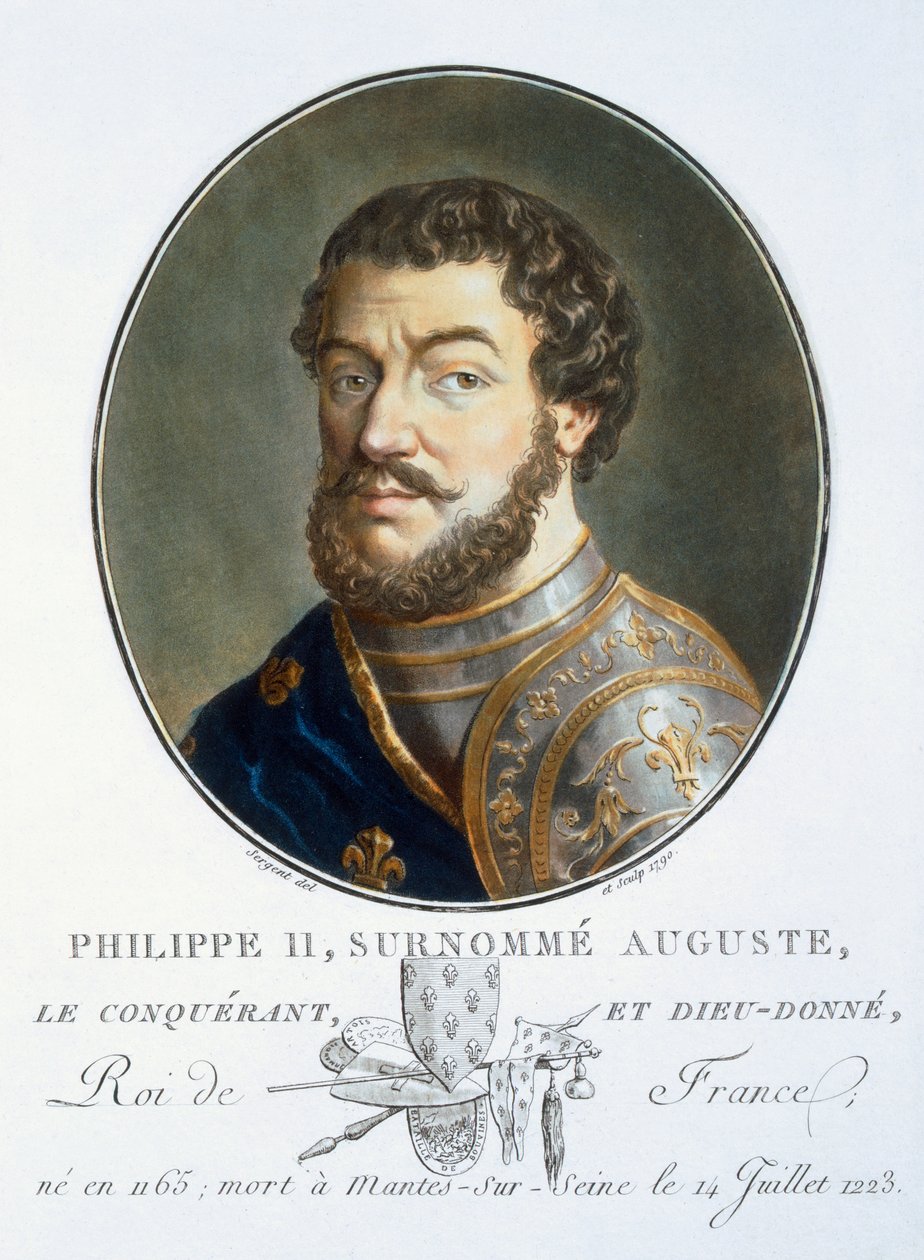 Philippe II Auguste, z Portréty velkých mužů, slavných žen a památných předmětů Francie, ryté a tištěné barevně, vydal Pierre Blin, 1786-92, Paříž (barevná rytina) od Antoine Louis Francois Sergent Marceau