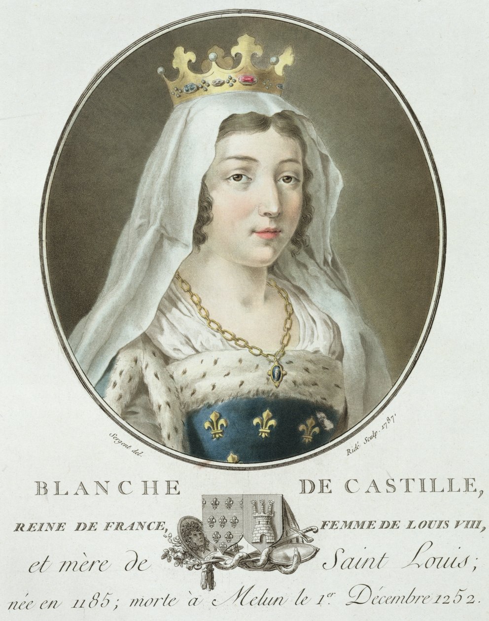 Portrét Blanche de Castille (1185-1252), vyryl Ride, 1787 od Antoine Louis Francois Sergent Marceau