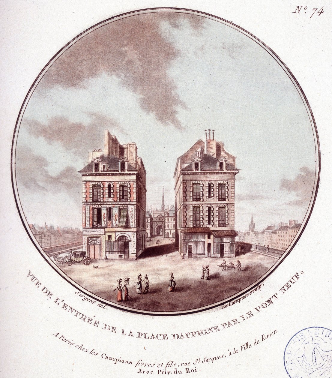 Pohled na vchod na náměstí Place Dauphine od Pont Neuf, Paříž. V malebných pohledech na hlavní budovy Paříže od seržanta od Antoine Louis Francois Sergent Marceau