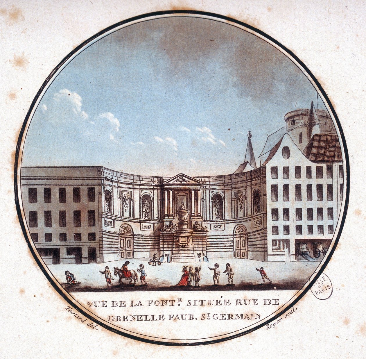 Pohled na fontánu nacházející se v rue de Grenelle Faubourg Saint Germain, současná fontána Grenelle. V malebných pohledech na hlavní budovy Paříže od seržanta od Antoine Louis Francois Sergent Marceau