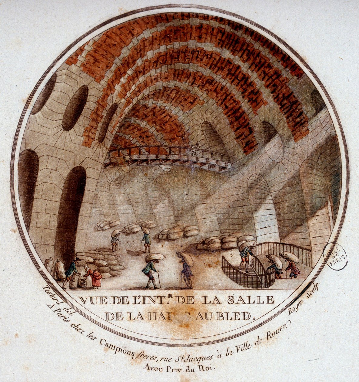 Pohled do interiéru nové tržnice postavené Le Camus de Mézières v letech 1763 až 1766, dnes burza v Paříži. V malebných pohledech na hlavní budovy Paříže od seržanta od Antoine Louis Francois Sergent Marceau