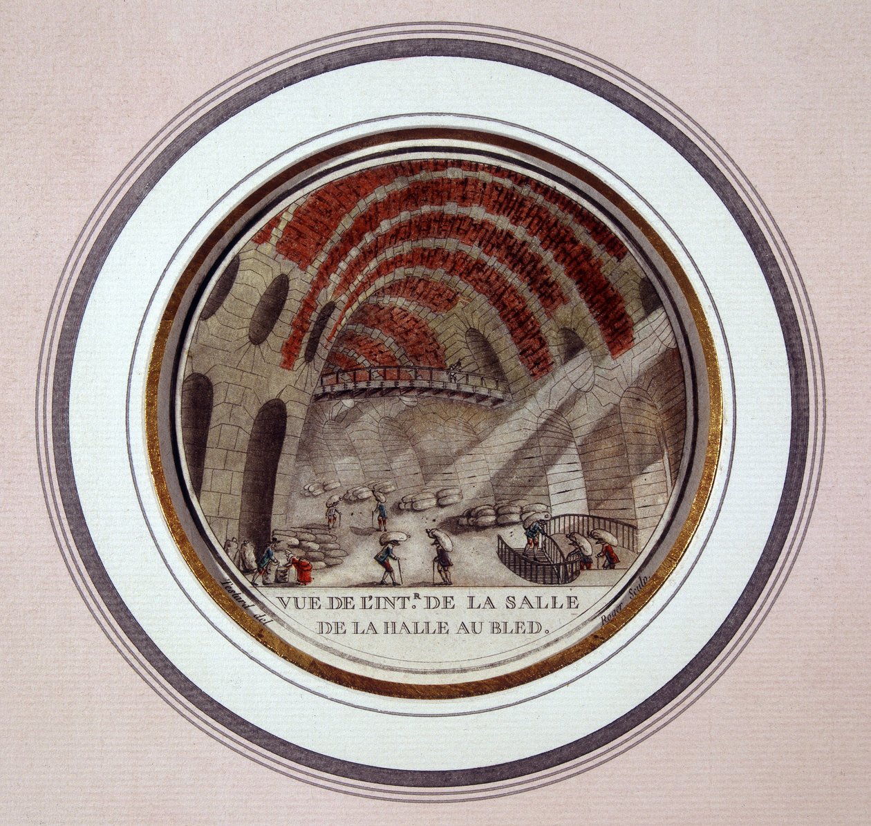 Pohled do interiéru nové tržnice postavené Le Camus de Mézières v letech 1763 až 1766, dnes burza v Paříži. V malebných pohledech na hlavní budovy Paříže od seržanta od Antoine Louis Francois Sergent Marceau