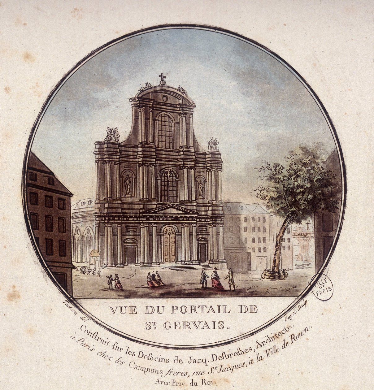 Pohled na portál Saint Gervais, postavený podle výkresů architekta Jacquese Desbrossese, Paříž. V malebných pohledech na hlavní budovy Paříže od seržanta od Antoine Louis Francois Sergent Marceau
