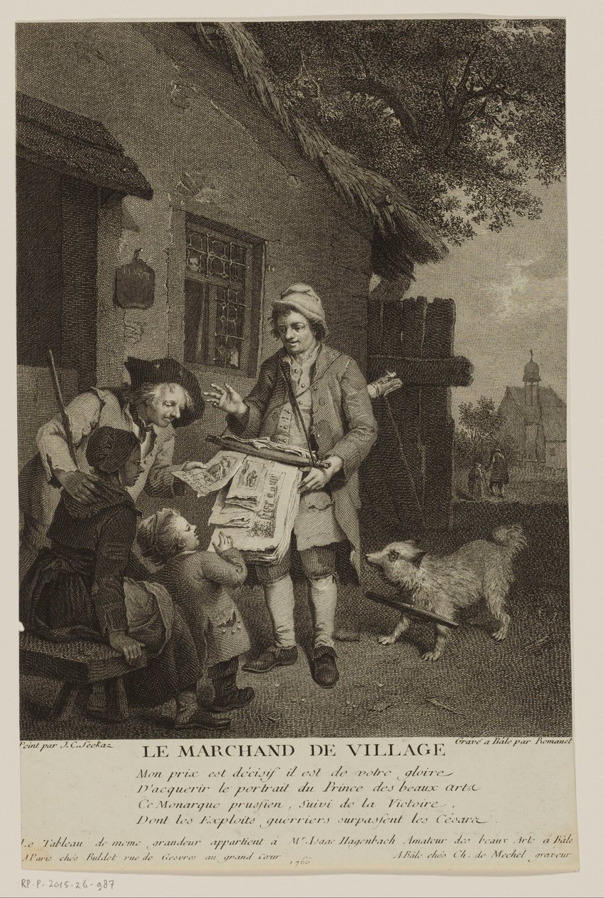 Potulný prodejce tiskovin ve vesnici Le Marchand de Village (název na objektu) od Antoine Louis Romanet
