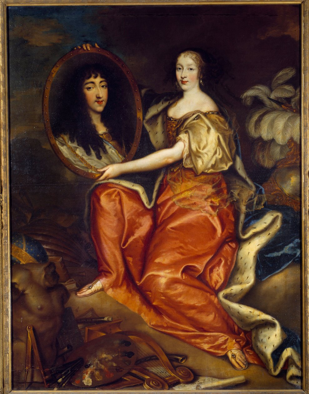 Portrét Henriette Anny (Henriette-Anne) z Anglie (1644-1670) Vévodkyně z Orleans drží portrét Philippe Duc z Orleansu (1640-1701) dit Monsieur. Dvojportrét: Abyme malba v obraze. Obraz Antoine Mathieu (1631-1673) 1664 Ne. od Antoine Mathieu