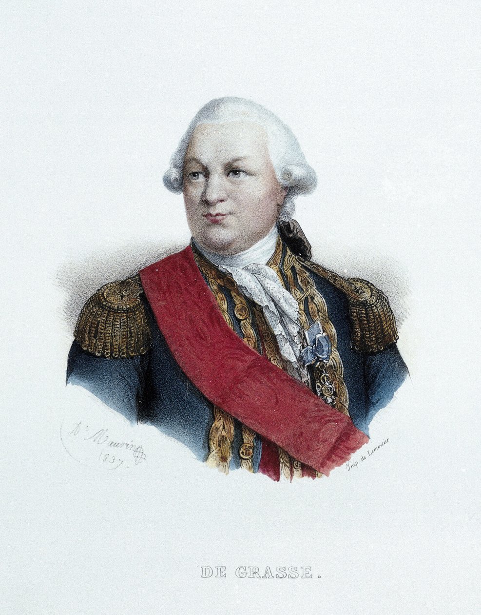 Portrét admirála Françoise Josepha Paula De Grasse (1722-1788). Litografie (23,9 x 15,6 cm), práce Antoine Maurin (1793-1890), rytina Lemercier od Antoine Maurin
