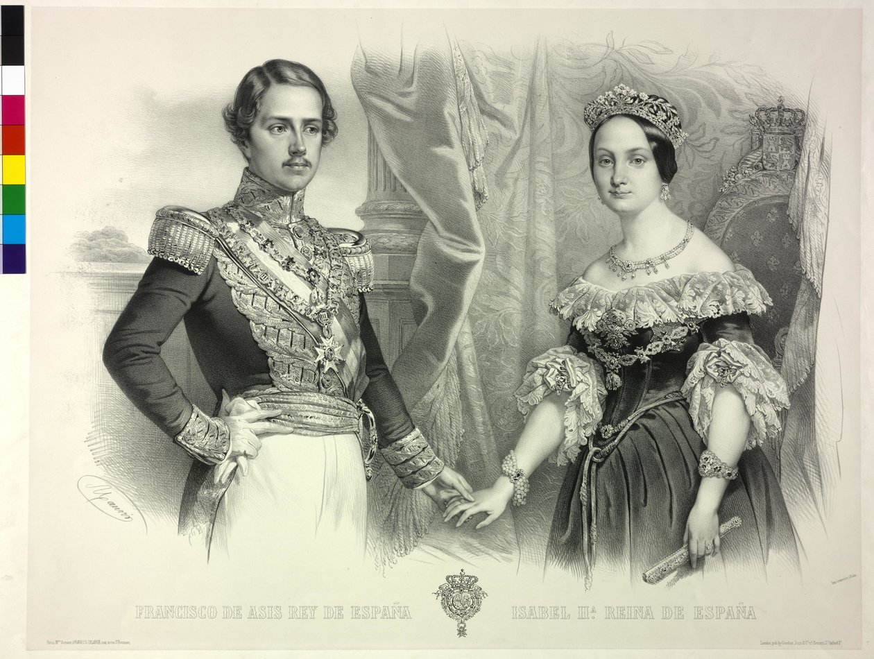 Španělská královna a její manžel František Isabella II (litografie) od Antoine Maurin