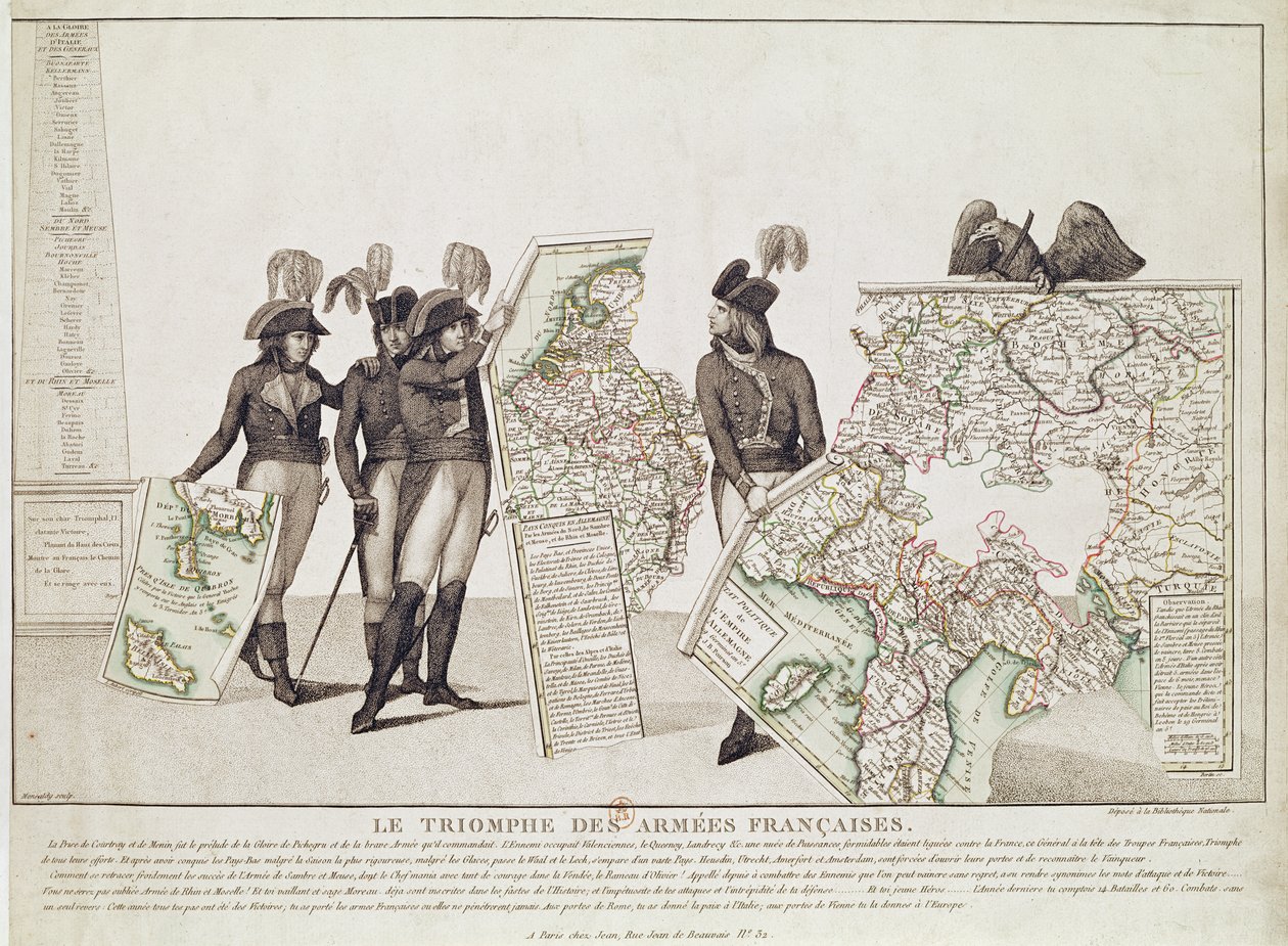 Triumf francouzských armád, Napoleon a jeho generálové drží mapy svých vítězství v době míru v Loebenu, 18. dubna 1797, kolem roku 1797 od Antoine Maxime Monsaldy