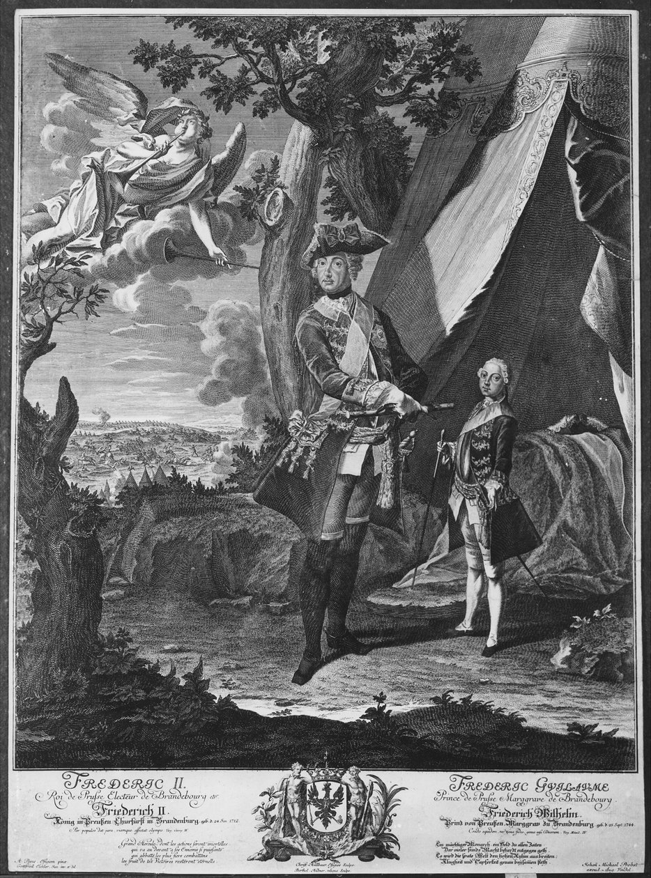 Frederick II (1712-86) a jeho synovec Frederick William II (1744-97), rytý Johann Probst (1673-1750) od Antoine Pesne