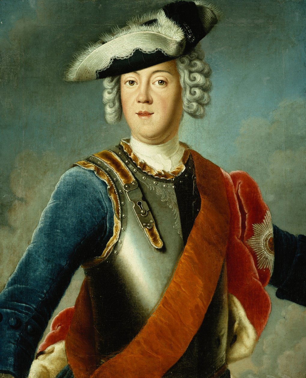 Portrét gentlemana, o kterém se říká, že je August William, poloviční délka, na sobě modré sako, bílou košili a brnění od Antoine Pesne