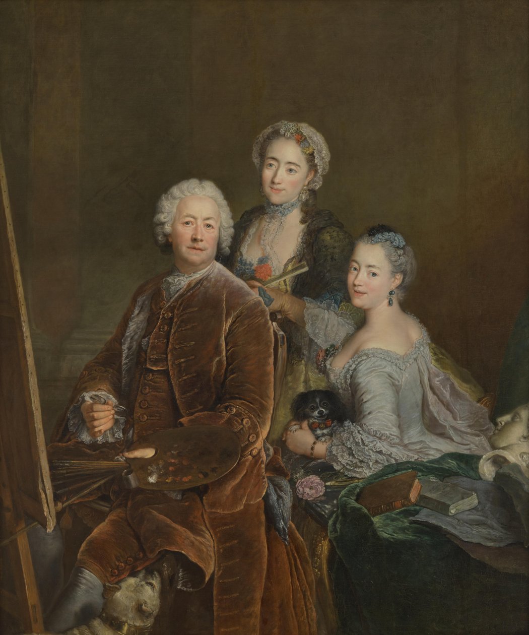 Autoportrét před malířským stojanem s dcerami Henriette Joyard a Marie de Rège od Antoine Pesne