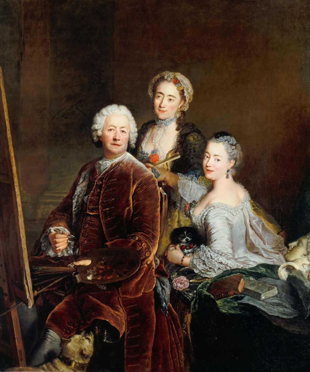 Autoportrét s dcerami Henriette Royard a Marie de Rège před stojanem od Antoine Pesne