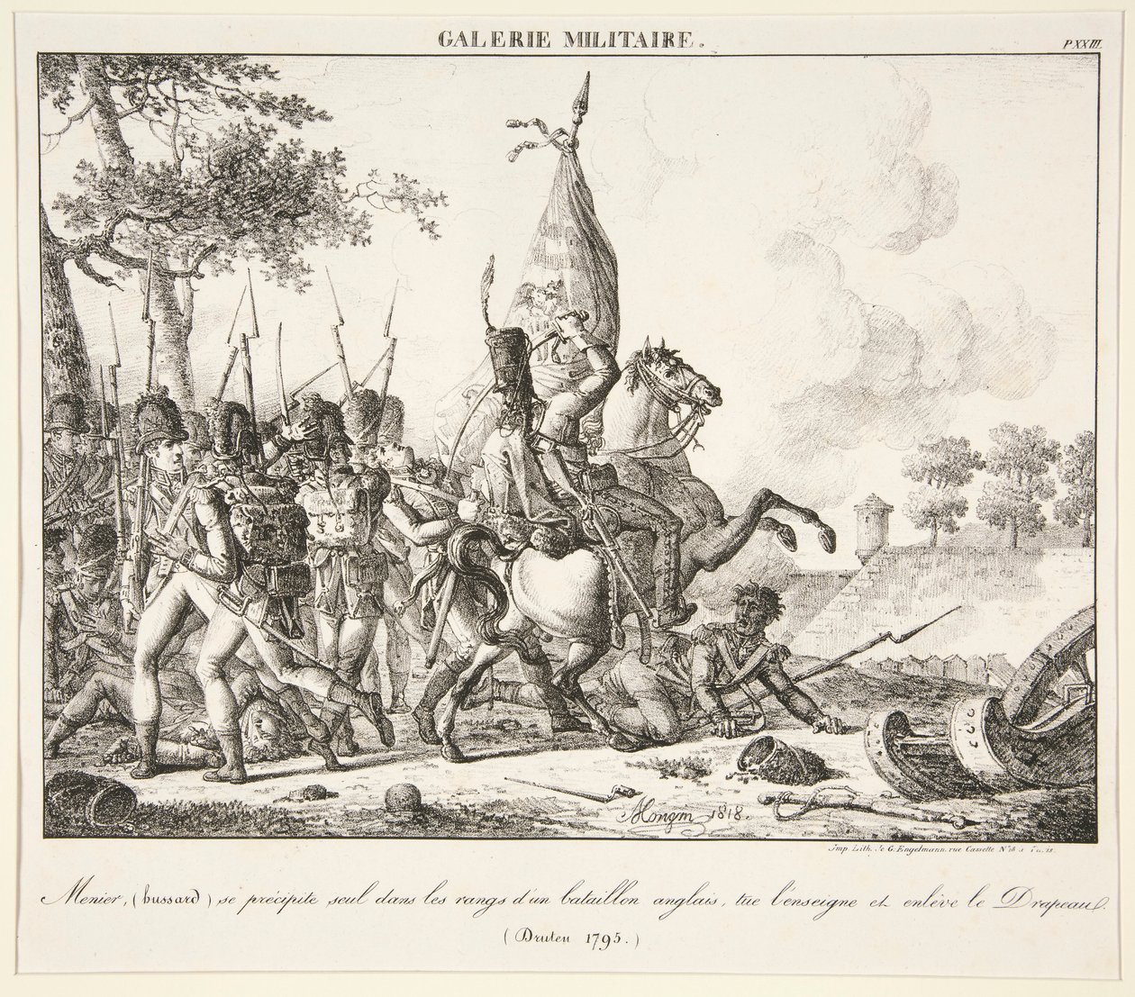 Menier (Husar) se sám vrhne do linie anglického praporu, zabije praporčíka a zajme vlajku (Druten, 1795) od Antoine Pierre Mongin