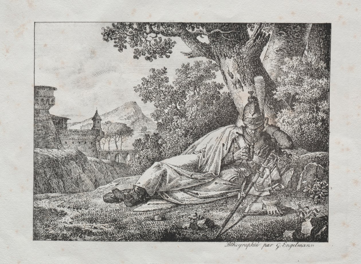Sbírka litografických esejů: Kouřící drak leží na úpatí stromu, 1822. od Antoine Pierre Mongin