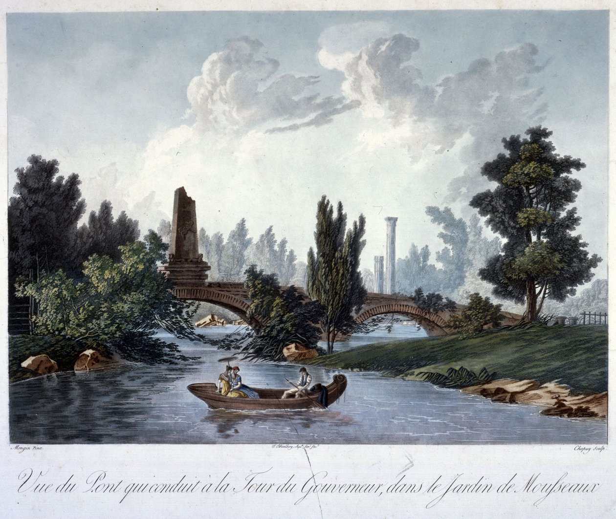 Most na Tour du Gouverneur v parku Monceau, rytina Chapuy (akvatinta) od Antoine Pierre after Mongin