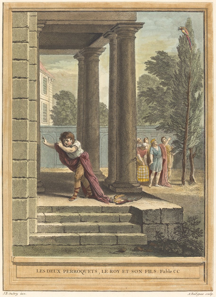 Dva papoušci, král a jeho syn od Antoine Radigues after Jean Baptiste Oudry