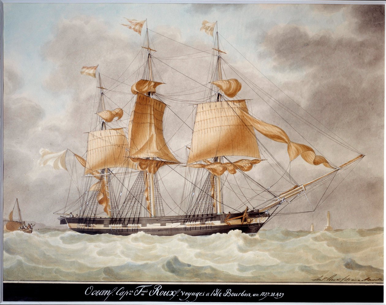 The Ocean Trois Mats Carres, Plavba na ostrov Bourbon Akvarel od Antoina Rouxe (1765-1835) 1827-1829 Marseille, Marine Museum od Antoine Roux