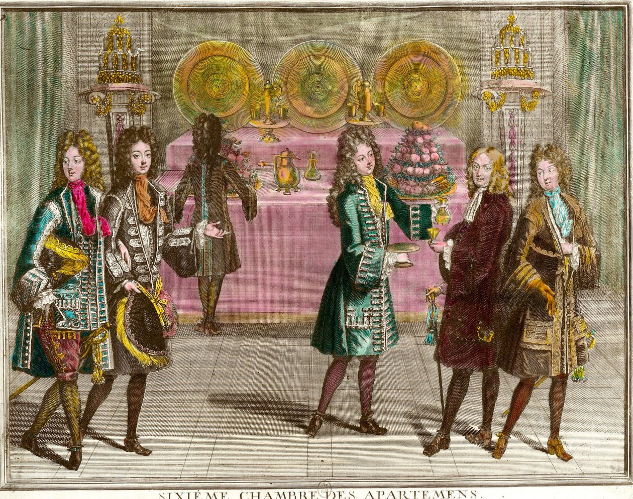 Bufet představuje občerstvení v šesté ložnici apartmánů rodiny Ludvíka XIV. (1638-1715) během večerů bytu ve Versailles kolem roku 1696 Rytina Antoina Trouvaina (1656-1708) 1696 cca. Soukromá sbírka od Antoine Trouvain