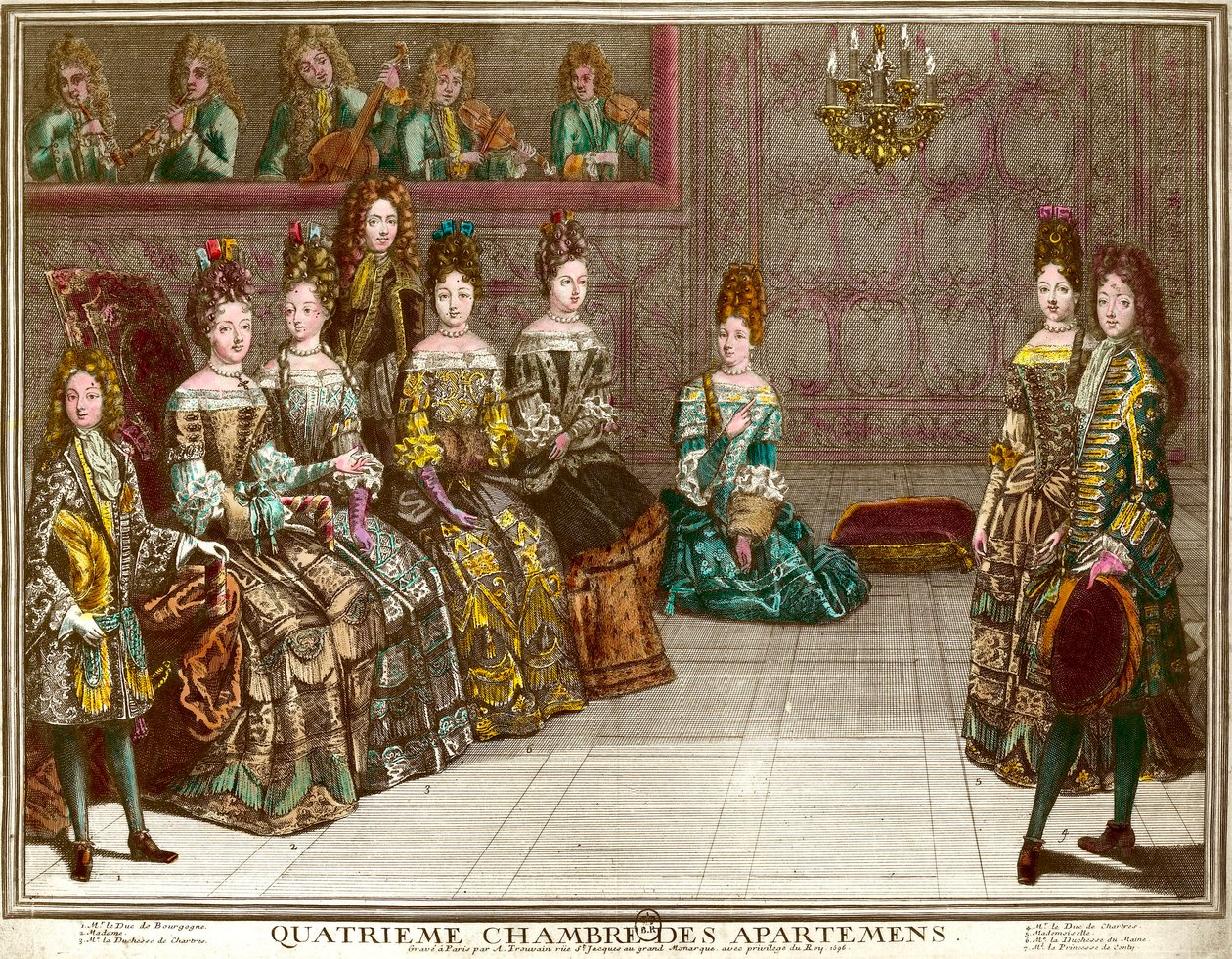 Tanec ve čtvrté ložnici bytů rodiny Ludvíka XIV. (1638-1715) během večerů bytu ve Versailles kolem roku 1696: vévoda z Chartres tančí menuet s mademoiselle za přítomnosti vévodkyně z Maine, vévody z B od Antoine Trouvain