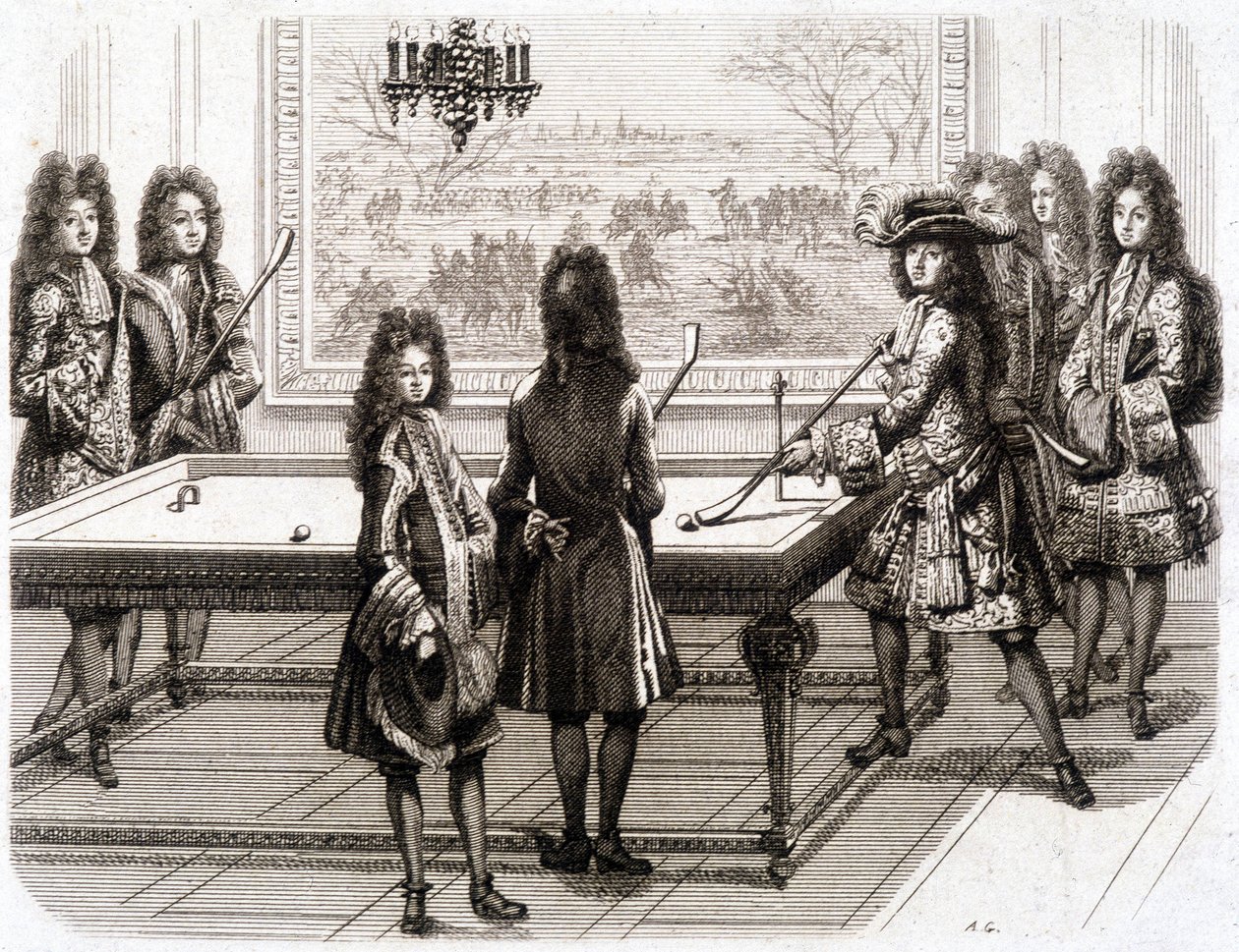 Ludvík XIV. hraje kulečník (s Monsieur (bratr krále), vévoda z Vendôme, hrabě z Toulouse, Chamillart, le Roi, M. d