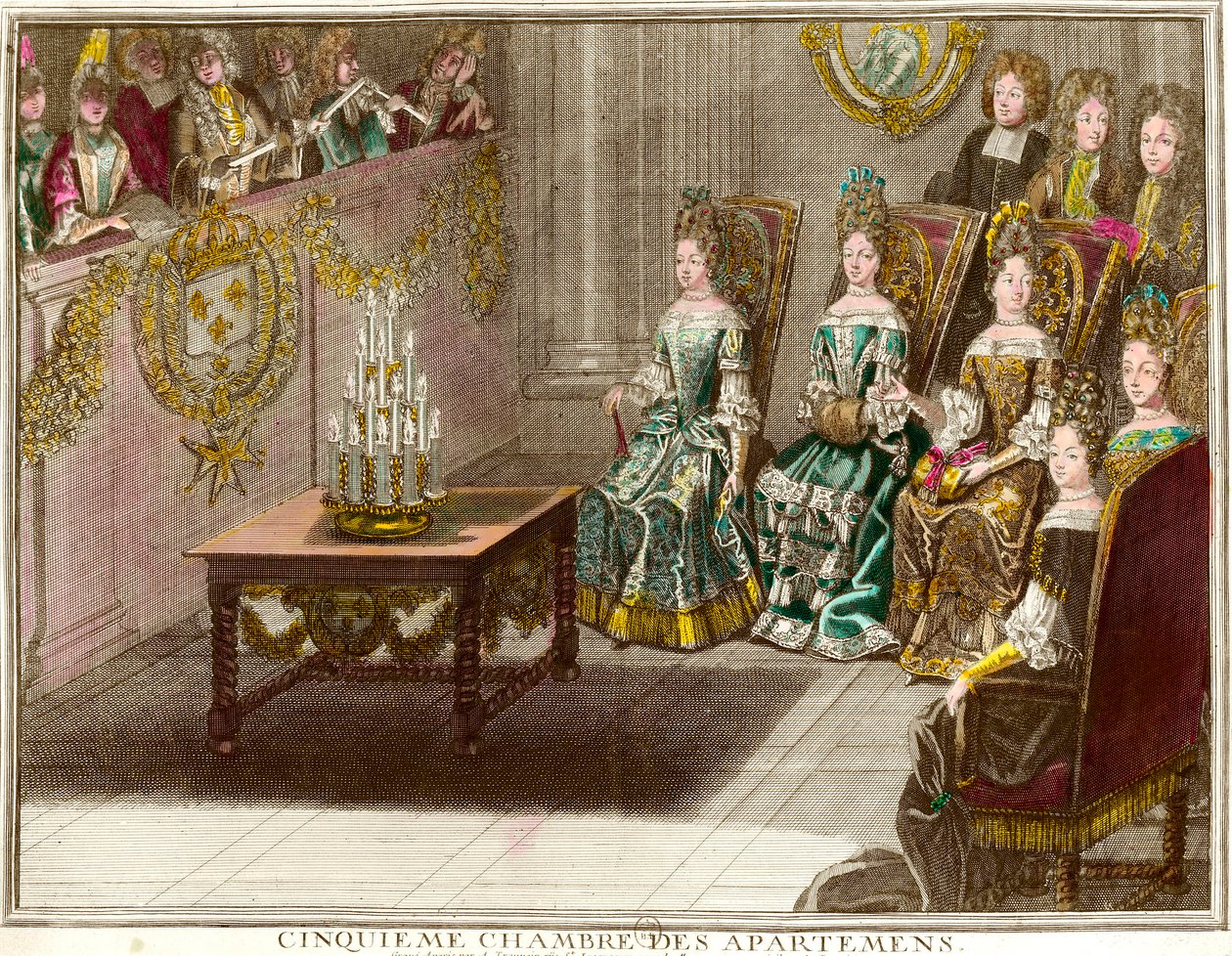 Hudební sezení v páté ložnici rodinných apartmánů Ludvíka XIV. (1638-1715) během večerů bytu ve Versailles kolem roku 1694 Rytina Antoina Trouvaina (1656-1708) 1694 cca. Soukromá sbírka od Antoine Trouvain