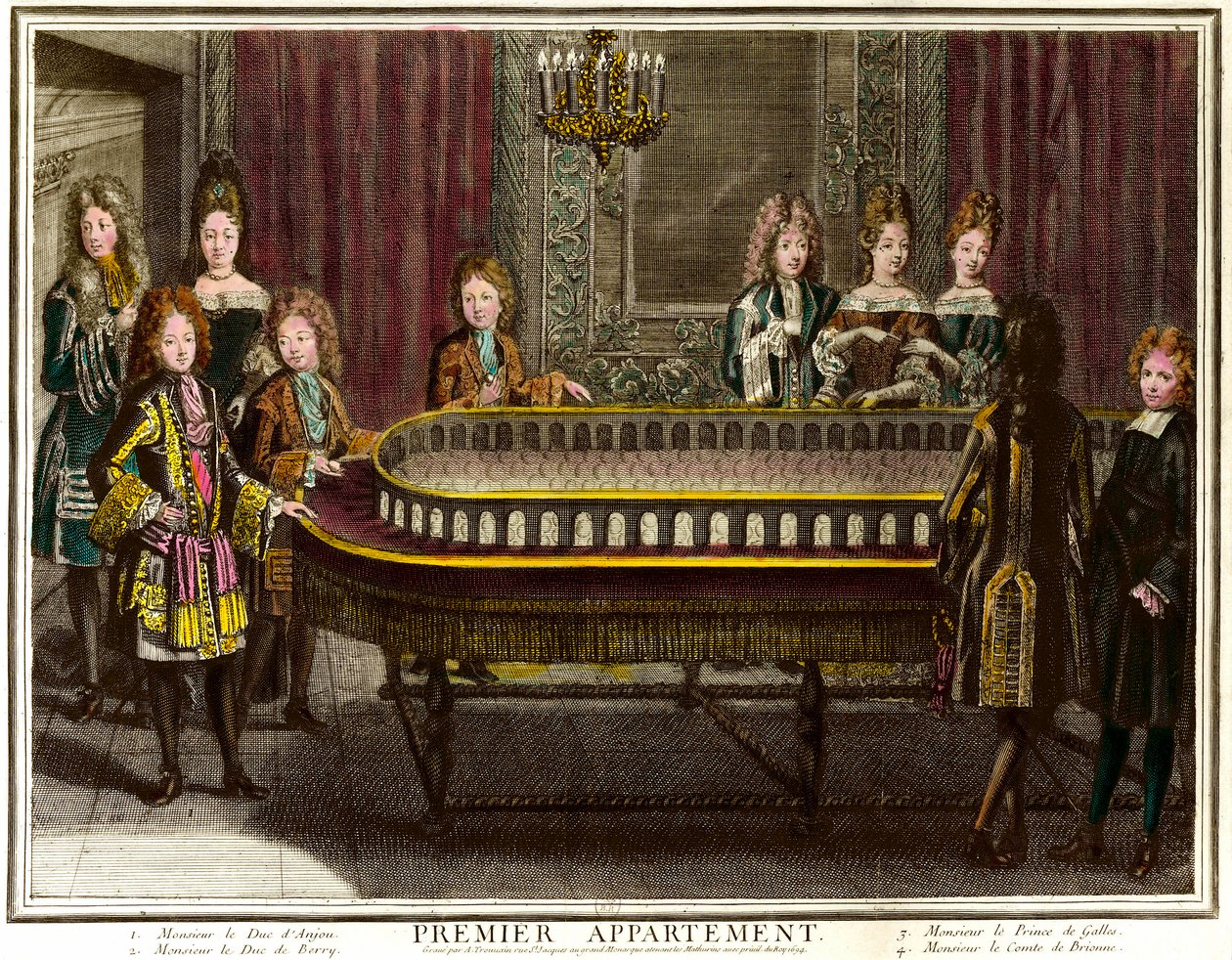 Philippe of France, vévoda z Anjou, tehdejší král Španělska (1683-1746), Charles, vévoda z Berry (1686-1714) a princ z Walesu hrající portikus v prvním bytě Ludvíka XIV ve Versailles - rytina Antoina Trouvaina (1656 -1708) Soukromá sbírka - Cha od Antoine Trouvain