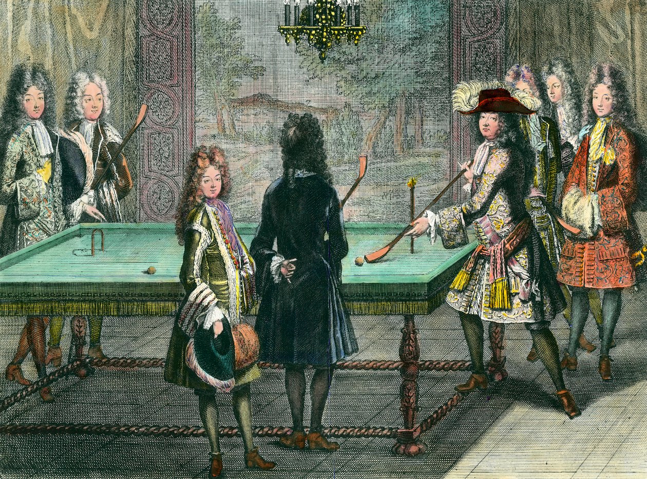 Královská zábava ve Versailles, král Ludvík XIV. (1638-1715) hraje kulečník s Philippem Duc d