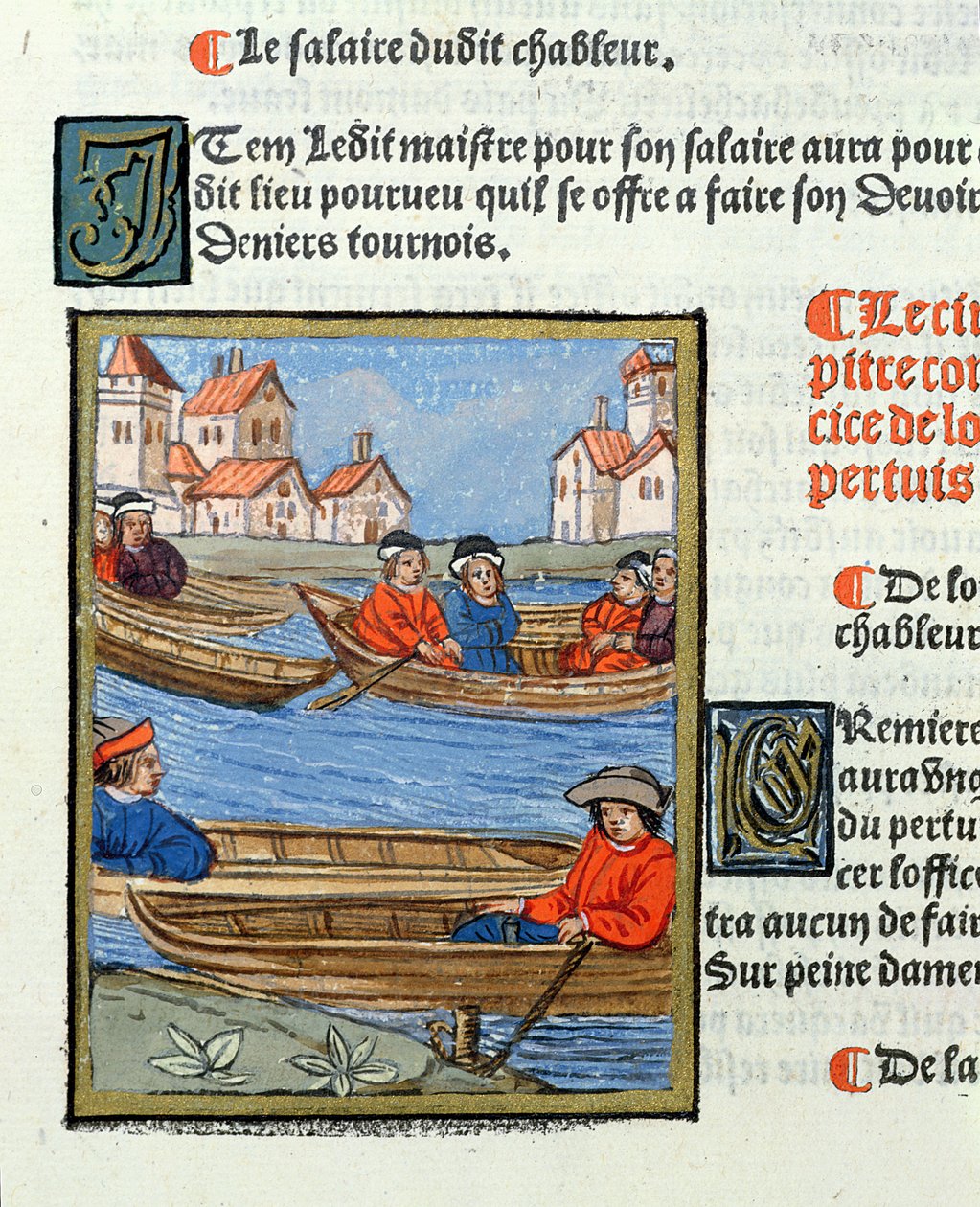 Převozníci na řece Seině, z „Ordonnances Royaux de la Juridiction de la Prevote des Marchands de la Ville de Paris“, 1528 (wc und kvaš na papíře) od Antoine Verard