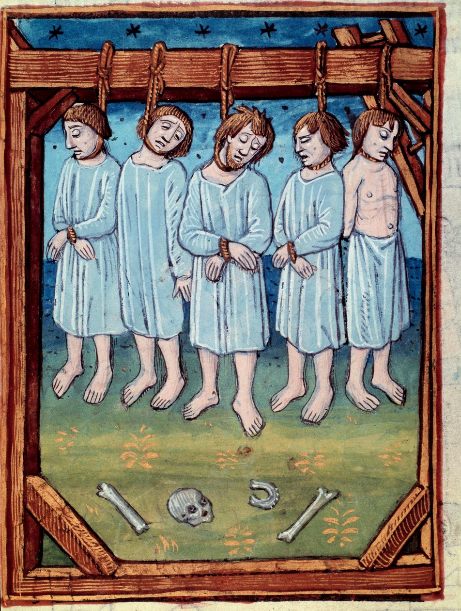 Pět mužů oběšeno. Miniatura v „“ kronikách Saint Denis“ Paris, Antoine Verard od Antoine Verard