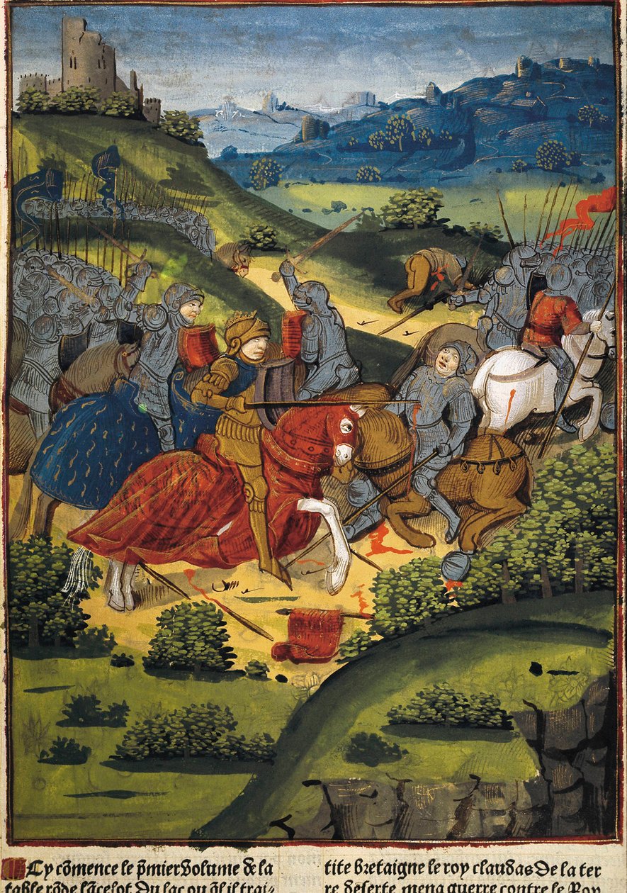 Lancelot v bitvě - VERARD, Antoine (15. století). anglický nakladatel a knihkupec.; LANCELOT (6. stol.). Rytíř dvora krále Artuše. Lancelot v bitvě. Ilustrace „Lancelot du Lac“ od Antoina Verarda (1494). Gotické umění. Miniaturní malba. FR od Antoine Verard