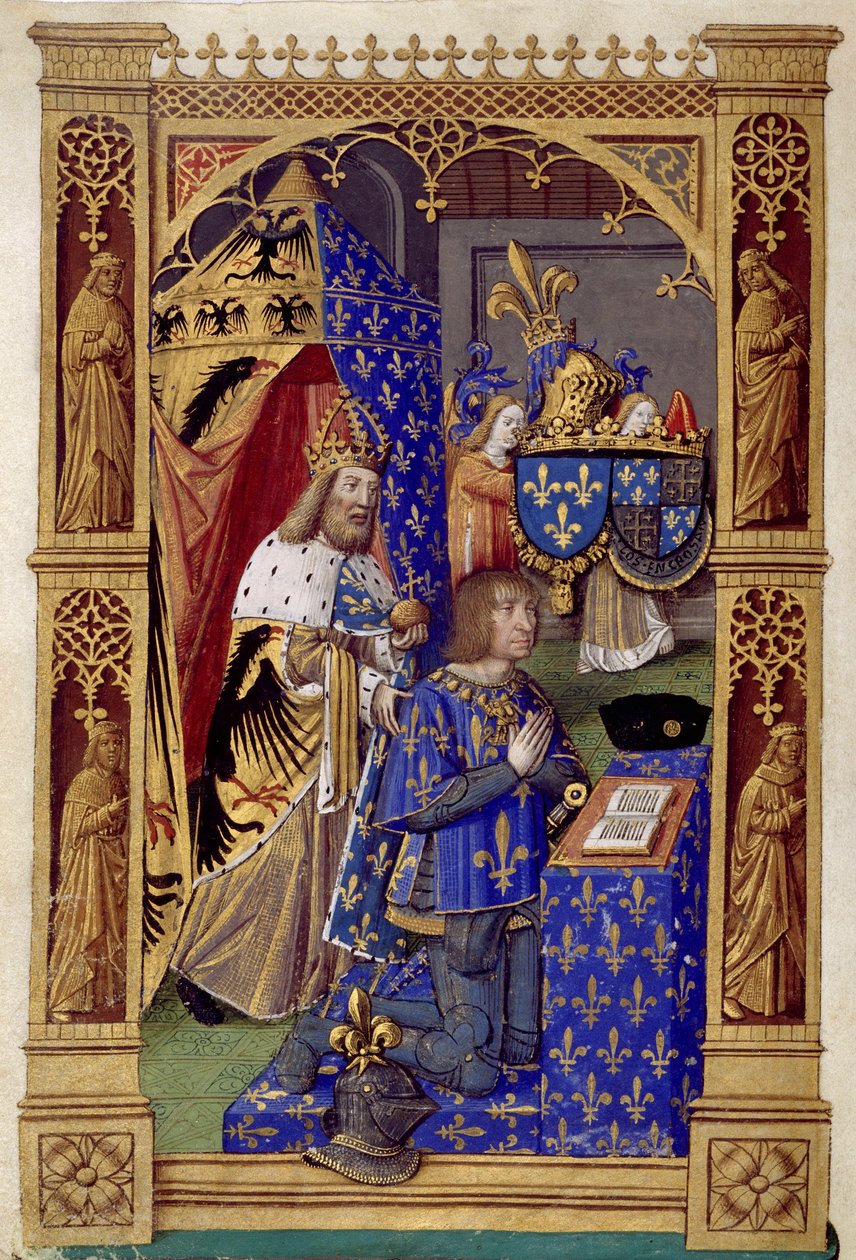 Francouzský král Ludvík XII. (1462-1515) v modlitbě s Karlem Velikým za ním - Miniatura od Antoina Verarda (1485-1512) V "Knize hodin Karla VIII"" od Antoine Verard