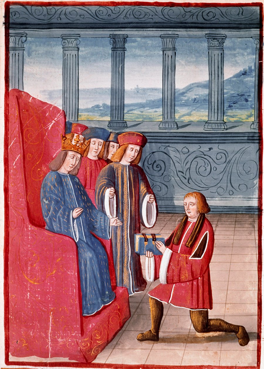 Autor představuje svou knihu francouzskému králi Karlu VIII. (1470-1498) Miniatura z „Chronicles de France““ ilustrovaná Antoine Verardem (1450-1519) Biblioteca Nazionale, Turín od Antoine Verard