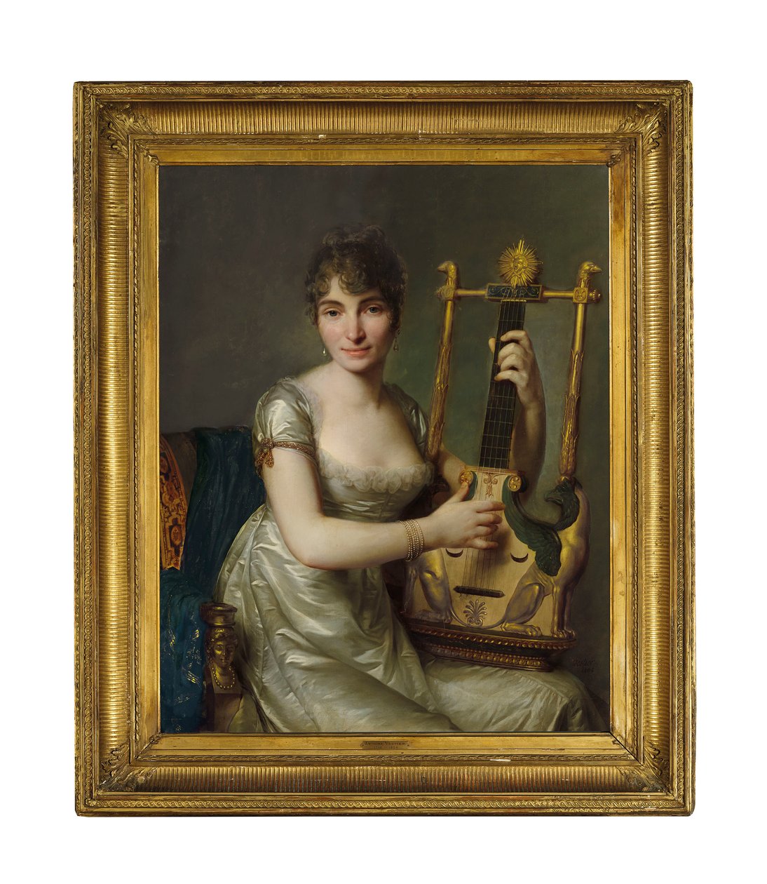 Portrét madame Larmoyerové, tříčtvrteční, hrající na lyru od Antoine Vestier
