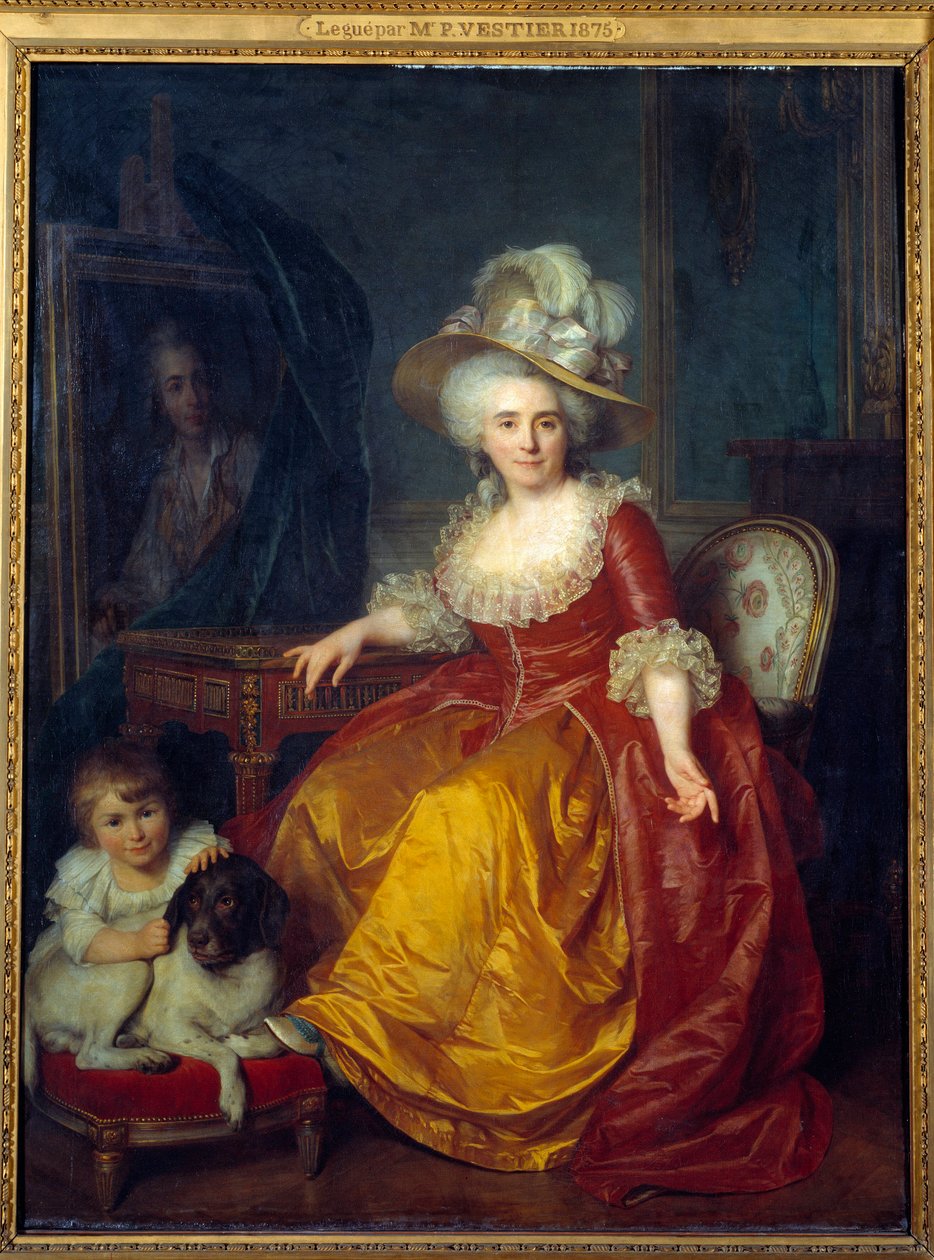 Portrét v nohách Madame Vestier (1740-1831) s dítětem u nohou štípajícím ucho psa Malba Antoina Vestiera (1740-1824) 1787 Sun. 1,76x1,34 m od Antoine Vestier
