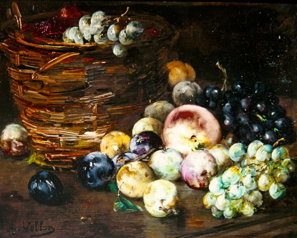 Zátiší z koše s ovocem na stole, kolem roku 1870 (olej na plátně) od Antoine Vollon