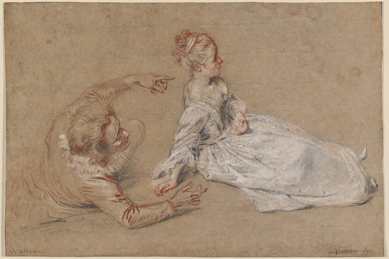 Muž ležící a žena sedící na zemi od Antoine Watteau