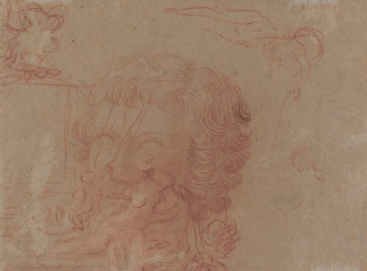 Figurové skici a kopie po vytesané hlavě [verso] od Antoine Watteau
