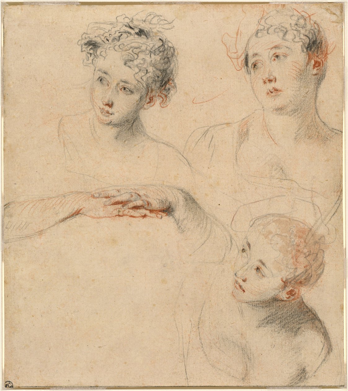 Tři studie ženské hlavy a studie rukou [recto] od Antoine Watteau