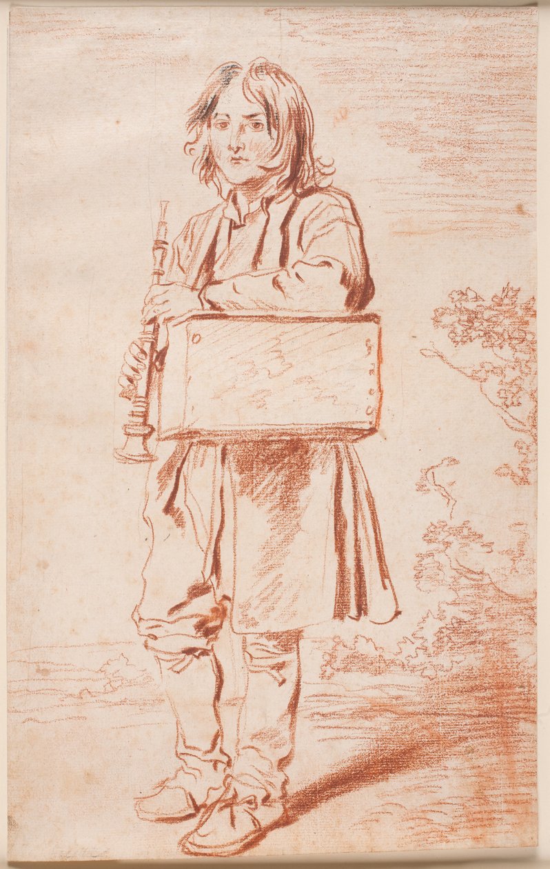 Mladý Savojsko. Plná postava en face v.v., stojící, přes jedno rameno visí krabička se svištěm, v rukou drží flétnu od Antoine Watteau