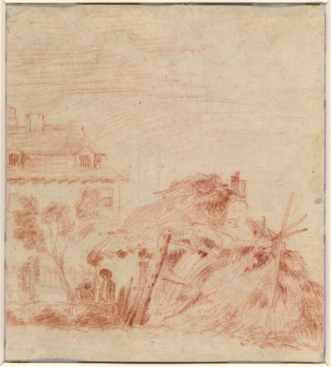 Pohled na dům, chalupu a dvě postavy [verso] od Antoine Watteau