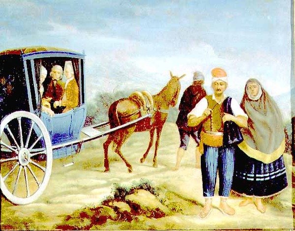 Šlechtici v maltském Kaless se zbraněmi mistra de Rohana, míjející maltské rolníky na silnici od Antoine de (circle of) Favray