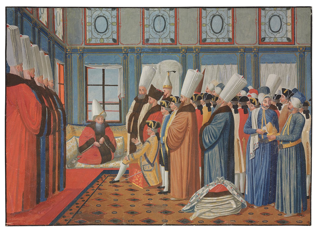 Předání hraběte de Vergennes, velvyslance Ludvíka XV., Reisovi Effendimu, velkovezírovi, osmanskému sultánovi „Uthman III dne 31. května 1755 od Antoine de Favray