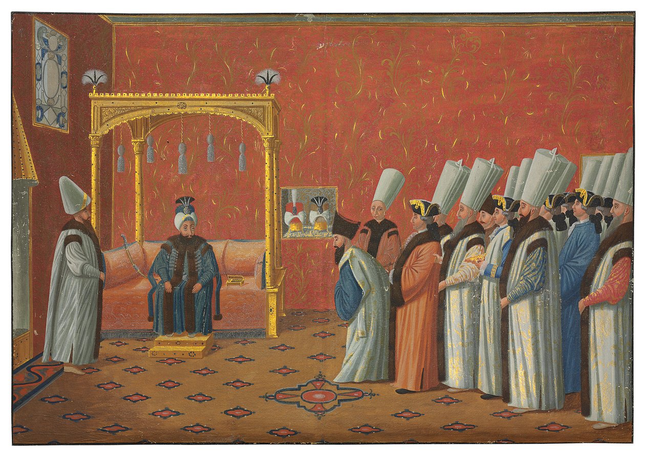 Prezentace hraběte de Vergennes, velvyslance Ludvíka XV., sultánovi „Uthmanovi III. v trůnním sále paláce Topkapi dne 3. června 1755 od Antoine de Favray