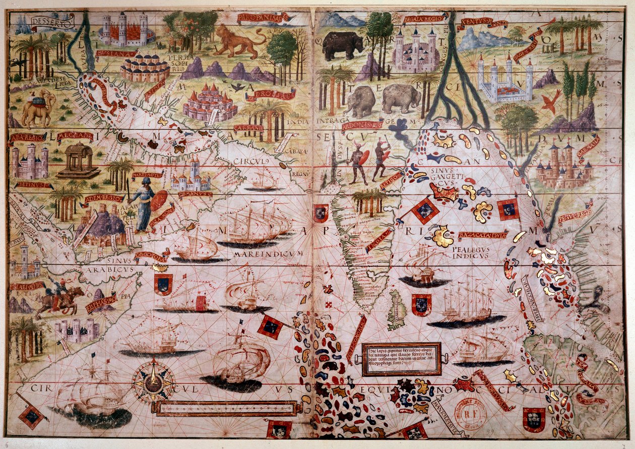 Portugalský námořní atlas Indes. Strana rukopisu Atlase Millera vytvořeného v roce 1519 Pierrem a Georgesem Reinelem, Lopo Homem (kartografové) a Antoine de Hollande (miniturista). 16. století. Paříž, BN. od Antoine de Hollande