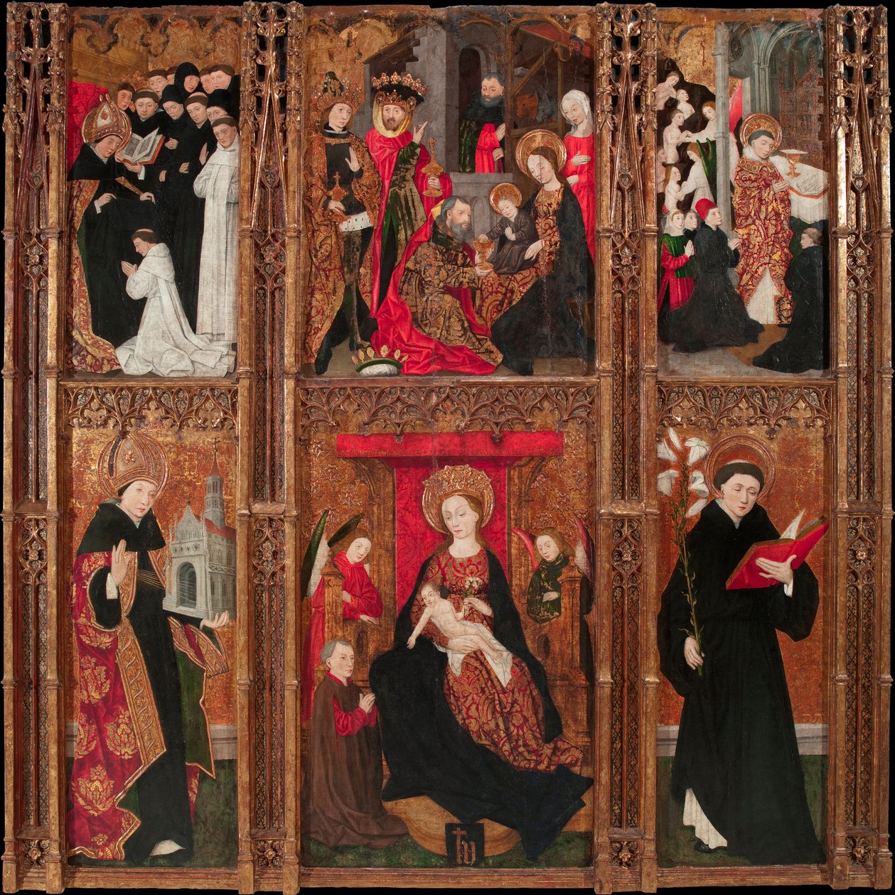Retable de la vierge, svatý Augustin a svatý Nicolas de Tolentino - oltářní obraz Panny Marie, svatého Augustina a svatého Mikuláše z Tolentina - Antoine de Lonhy (1446-1490) Tempera a olej na dřevě 1462 Museu Nacional d