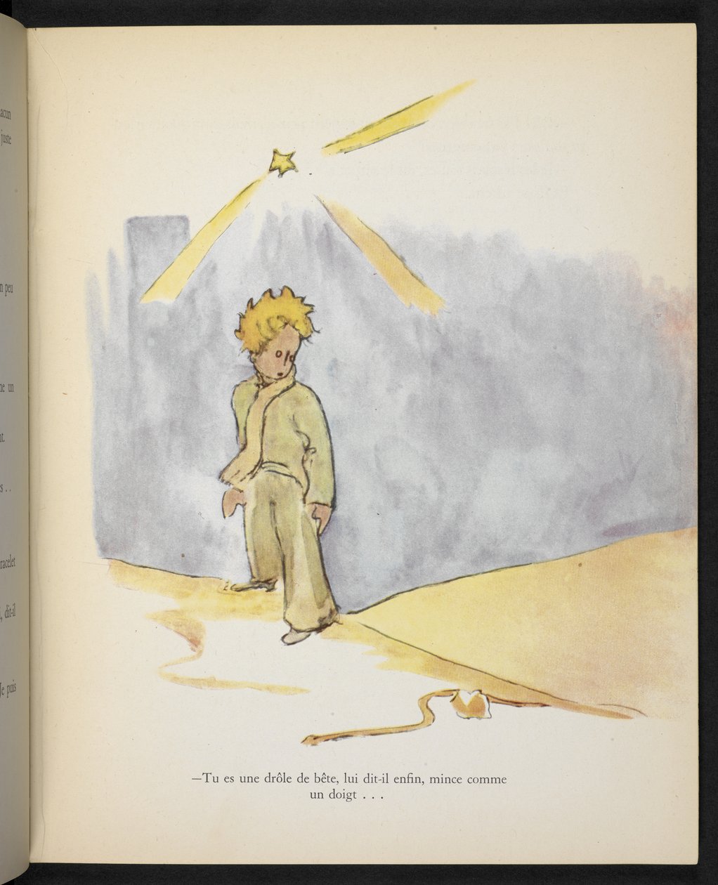 "Jsi legrační zvíře, řekl mu nakonec, štíhlý jako prst", ilustrace z knihy "Malý princ" od Antoina de Saint-Exupéryho. od Antoine de Saint Exupery