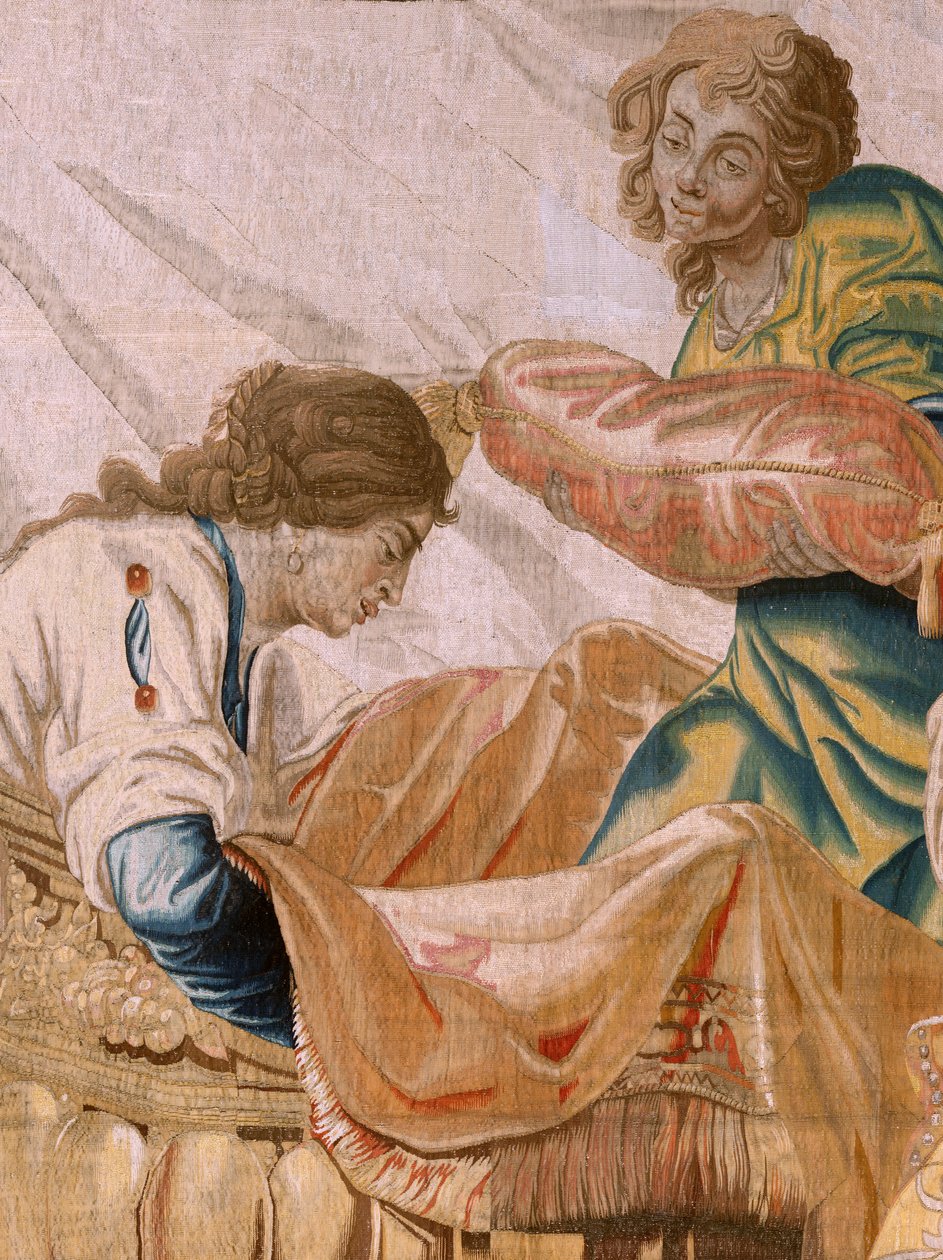 Vlámský gobelín. Seriál Příběh Thésea. Bacchus si bere Ariadnu za manželku (Baco toma a Ariadna por esposa). Devátá tapisérie v sérii. Model Anthonis Sallaert. Výroba Jan Raes mladší, Brusel. Cca 1630.; Tkanina Hedvábí a vlna. Rozměr 392 x 45 od Antoine or Anthonis Sallaert