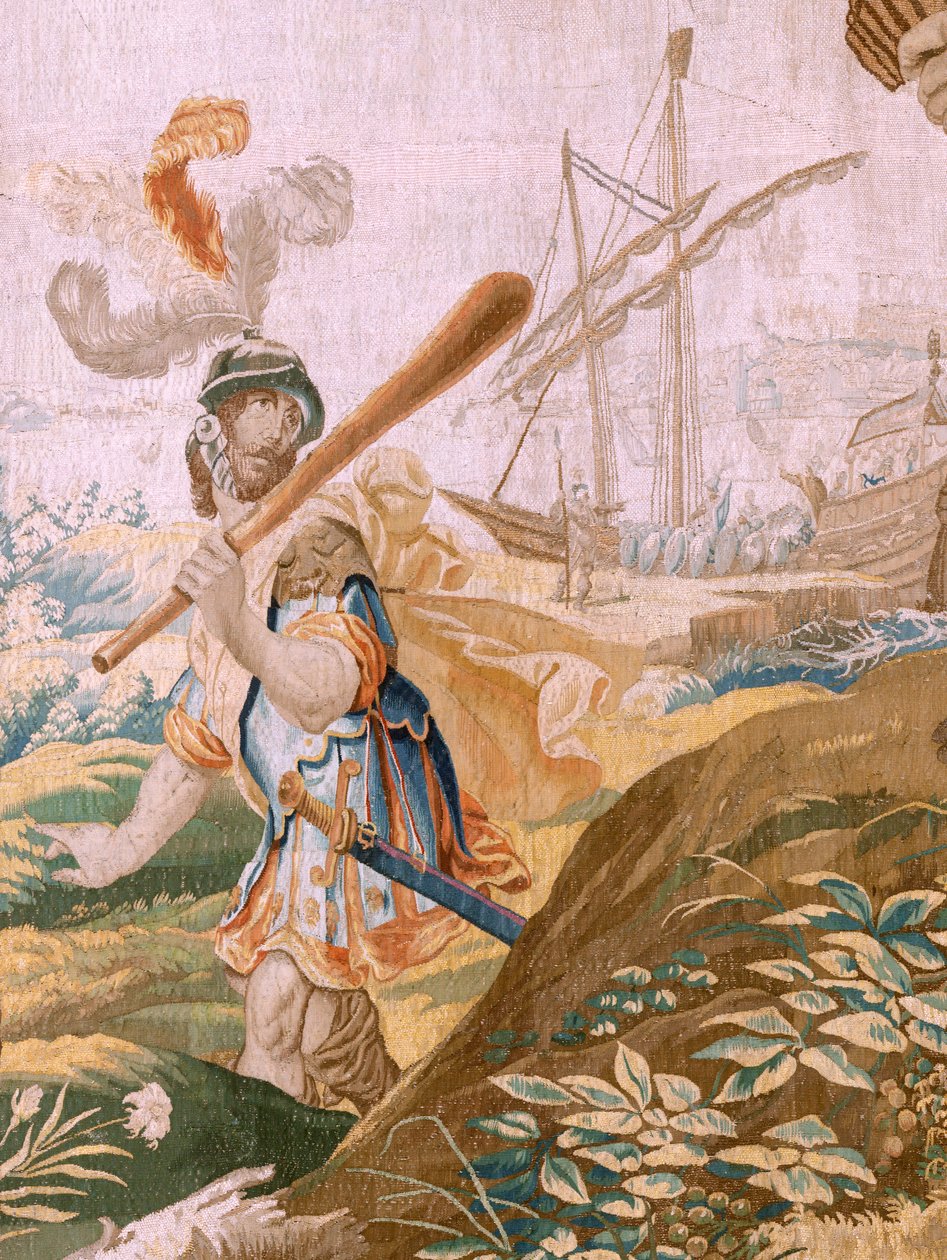 Vlámský gobelín. Seriál Příběh Thésea. Theseus opouští Ariadnu na ostrově Naxos (Teseo abandona a Ariadna en la Isla de Naxos). Osmý gobelín v sérii. Model Anthonis Sallaert. Výroba Jan Raes mladší, Brusel. Cca 1630. Fabric S od Antoine or Anthonis Sallaert